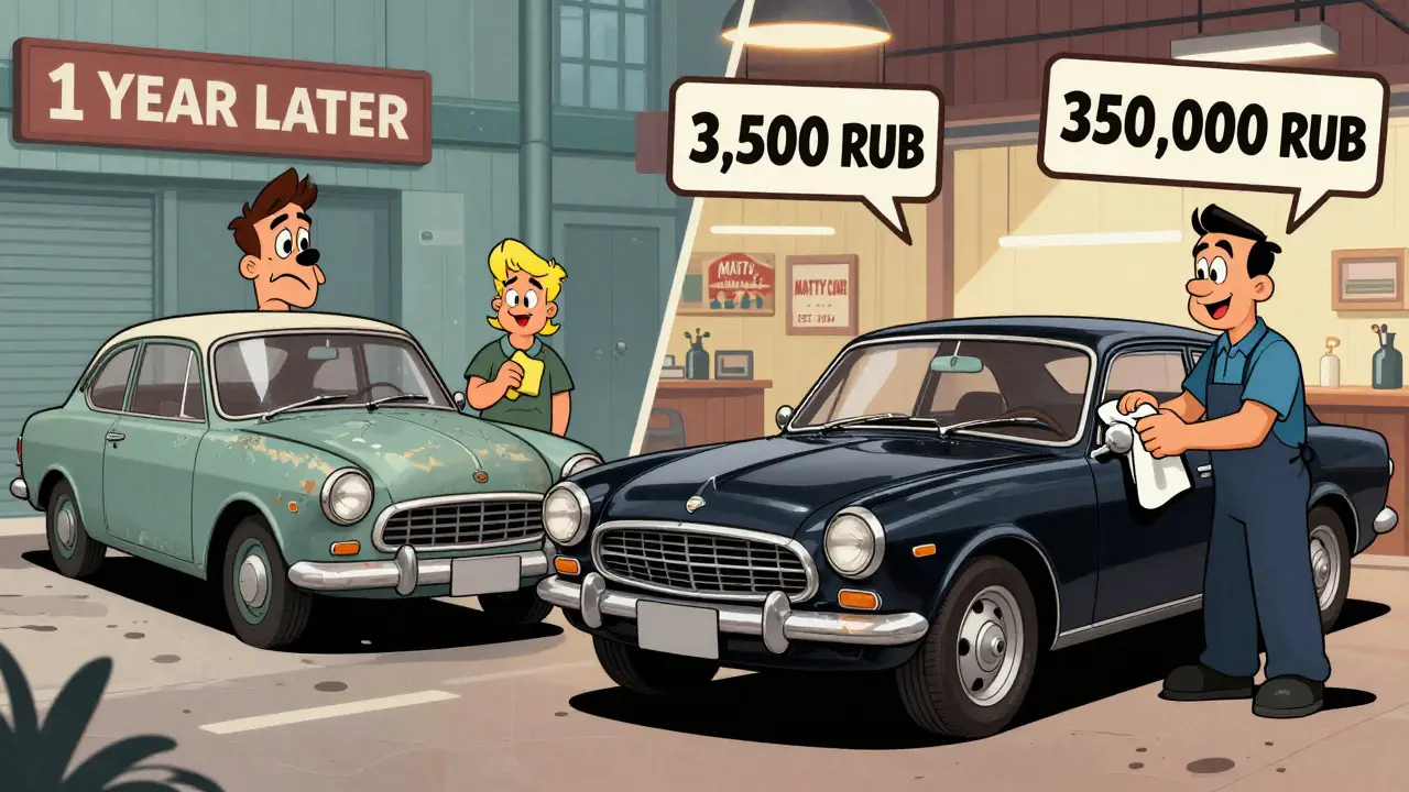 Сравнение: испорченный матовый автомобиль спустя год и идеально ухоженный под профессиональным уходом.