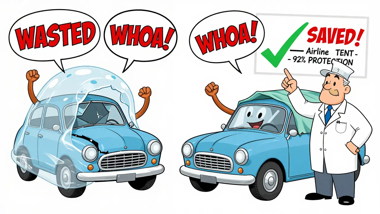Сравнение: разбитая машина vs целая под тентом, мультяшная иллюстрация