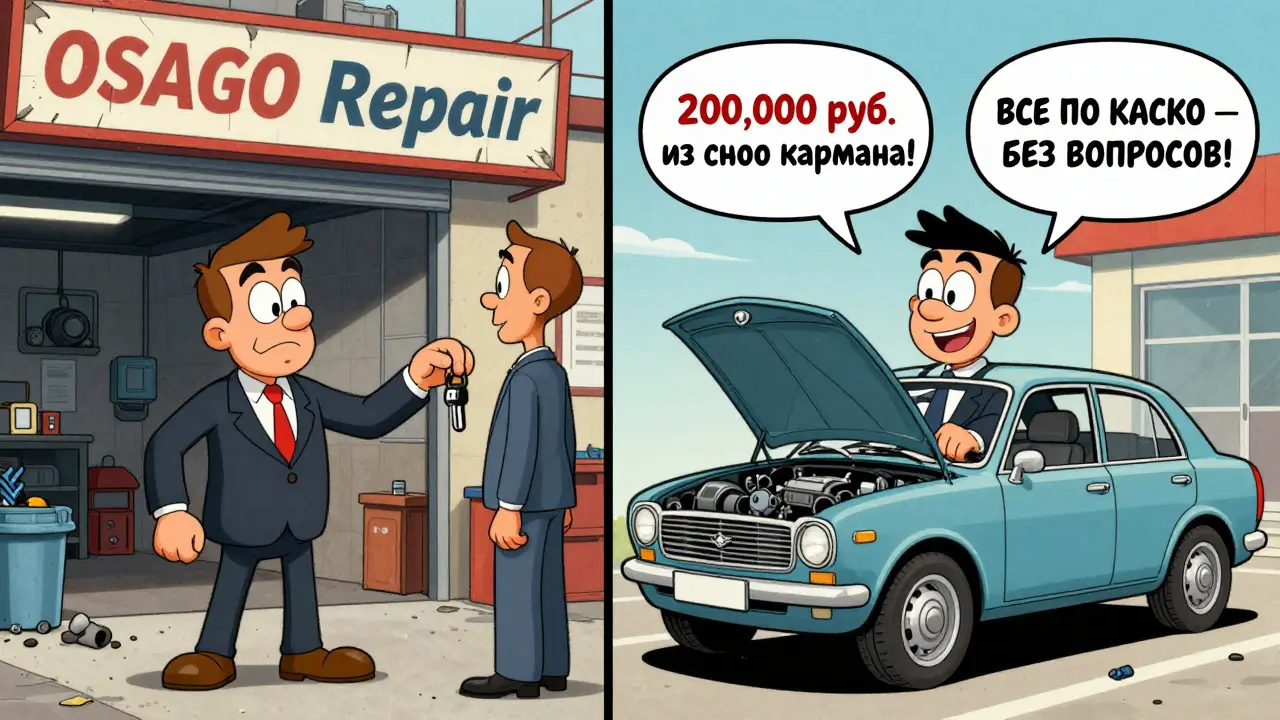 Сравнение ремонта в дилерском центре и в кустарном автосервисе с комичными речевыми пузырями.