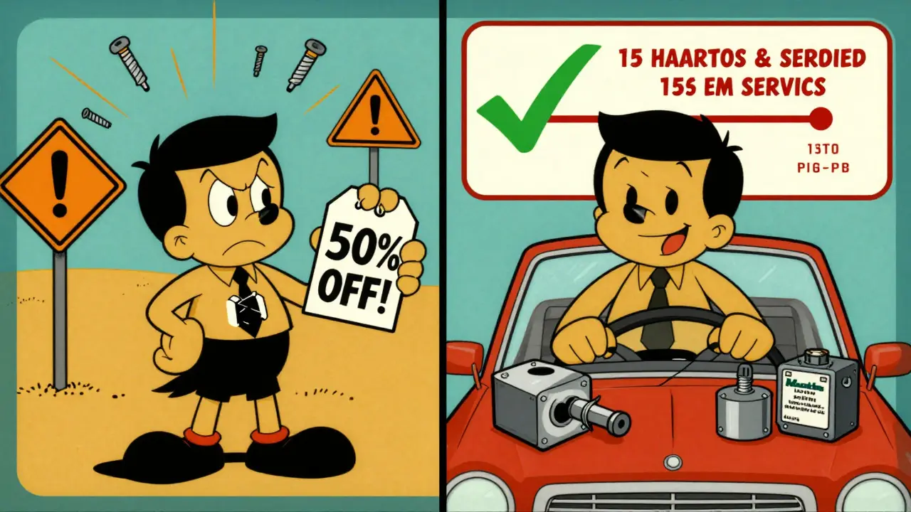 Сравнение: слева — поддельная запчасть с предупреждениями, справа — надёжные OEM-детали и долгий срок службы.