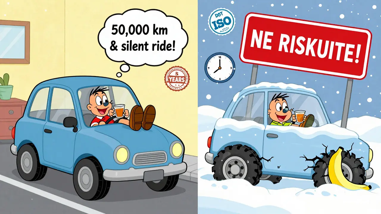 Сравнение: спокойный летний отдых с китайскими шинами слева и катастрофа на снегу справа в мультяшном стиле.