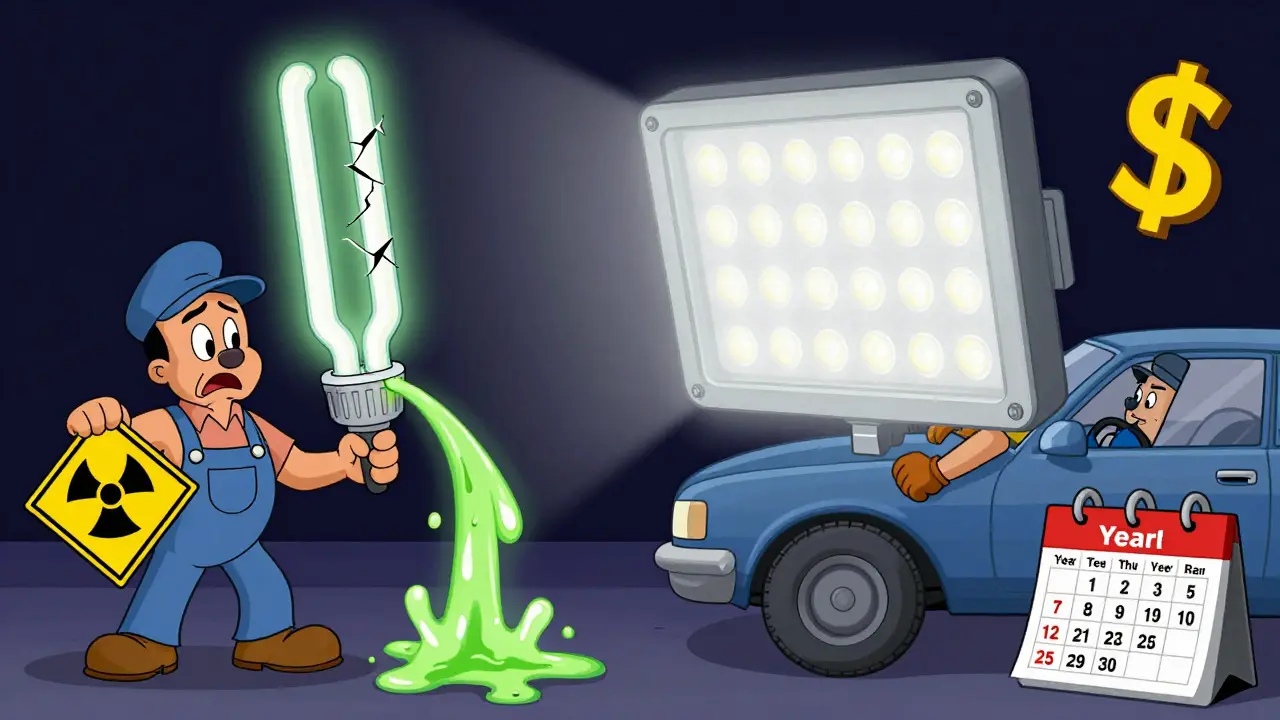 Сравнение: треснувшая люминесцентная лампа с ртутью и надёжный LED-светильник с символом экономии.