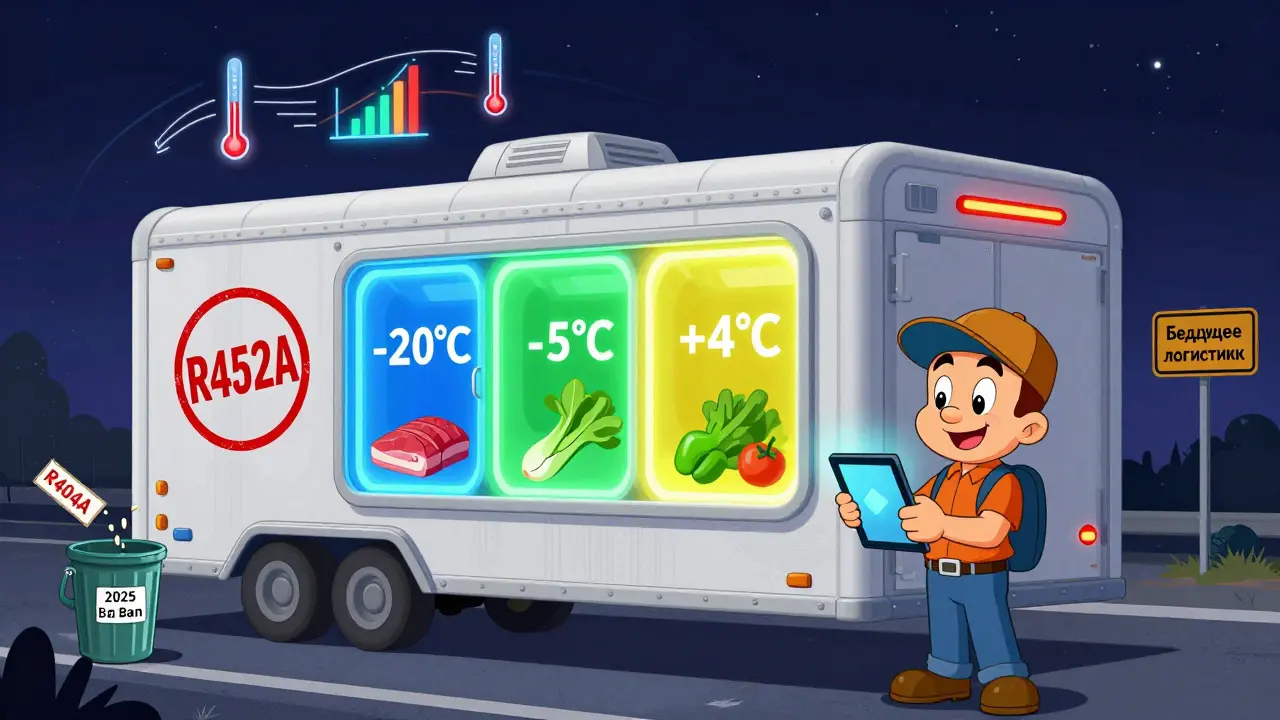 Умный рефрижератор с мониторингом температуры в трёх зонах и надписью R452A, в то время как старый хладагент уходит в мусор.