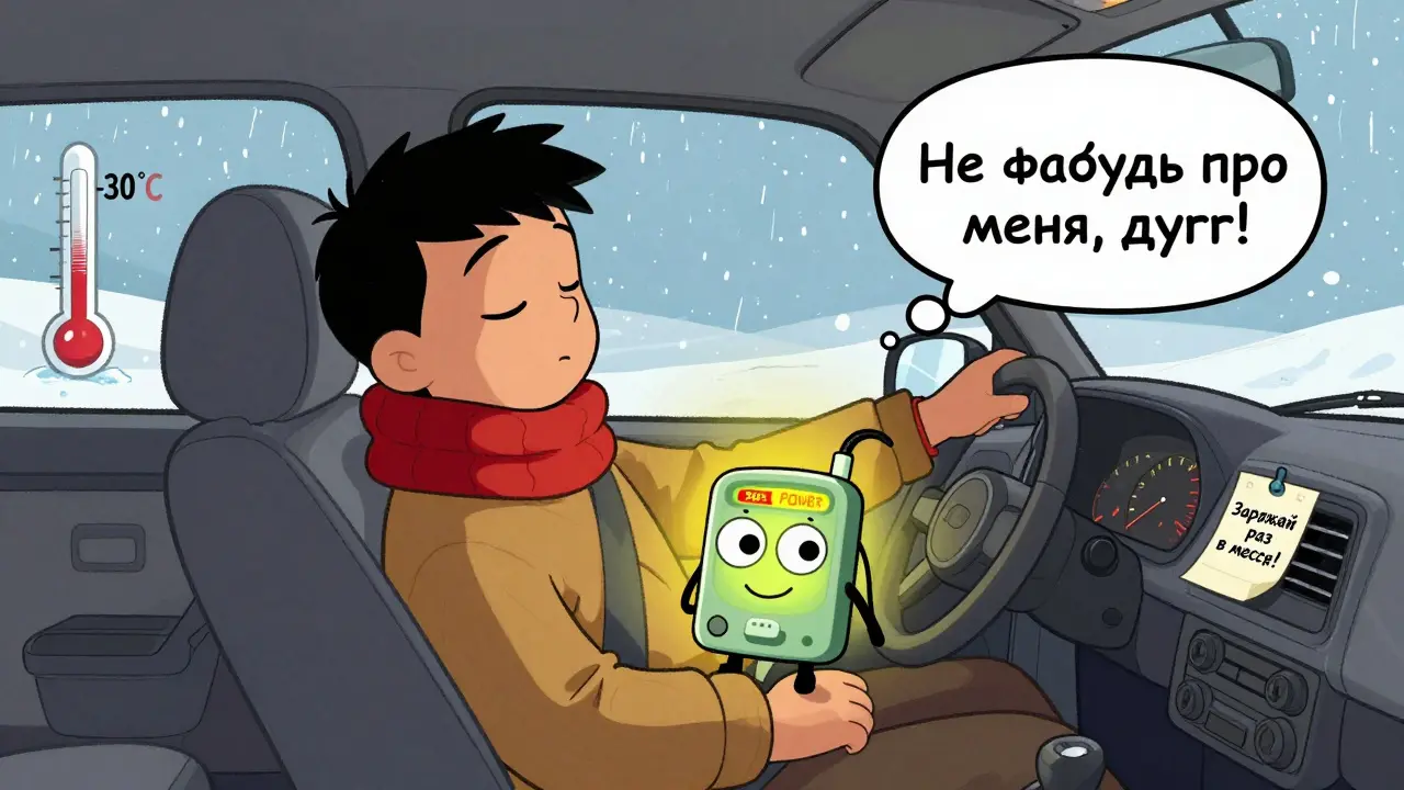 Умный запускатель с глазками спит на коленях водителя, наружу виден мороз.