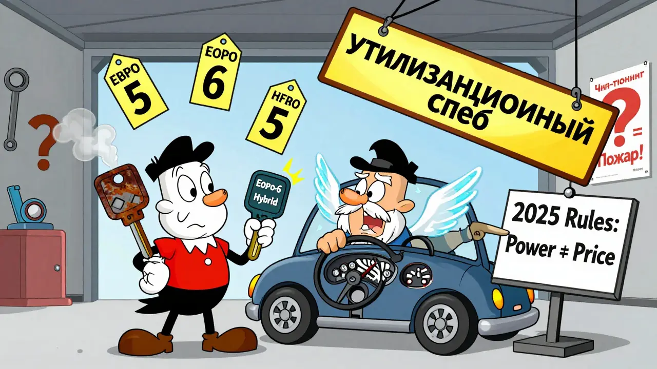 Владелец автомобиля выбирает между старым двигателем и гибридом на фоне ценников в стиле Ханна-Барбера.