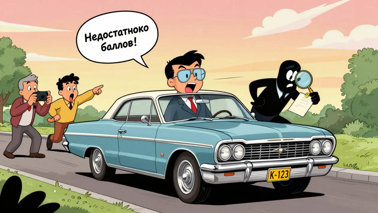 Владелец едет на классическом автомобиле, люди удивленно указывают на него.