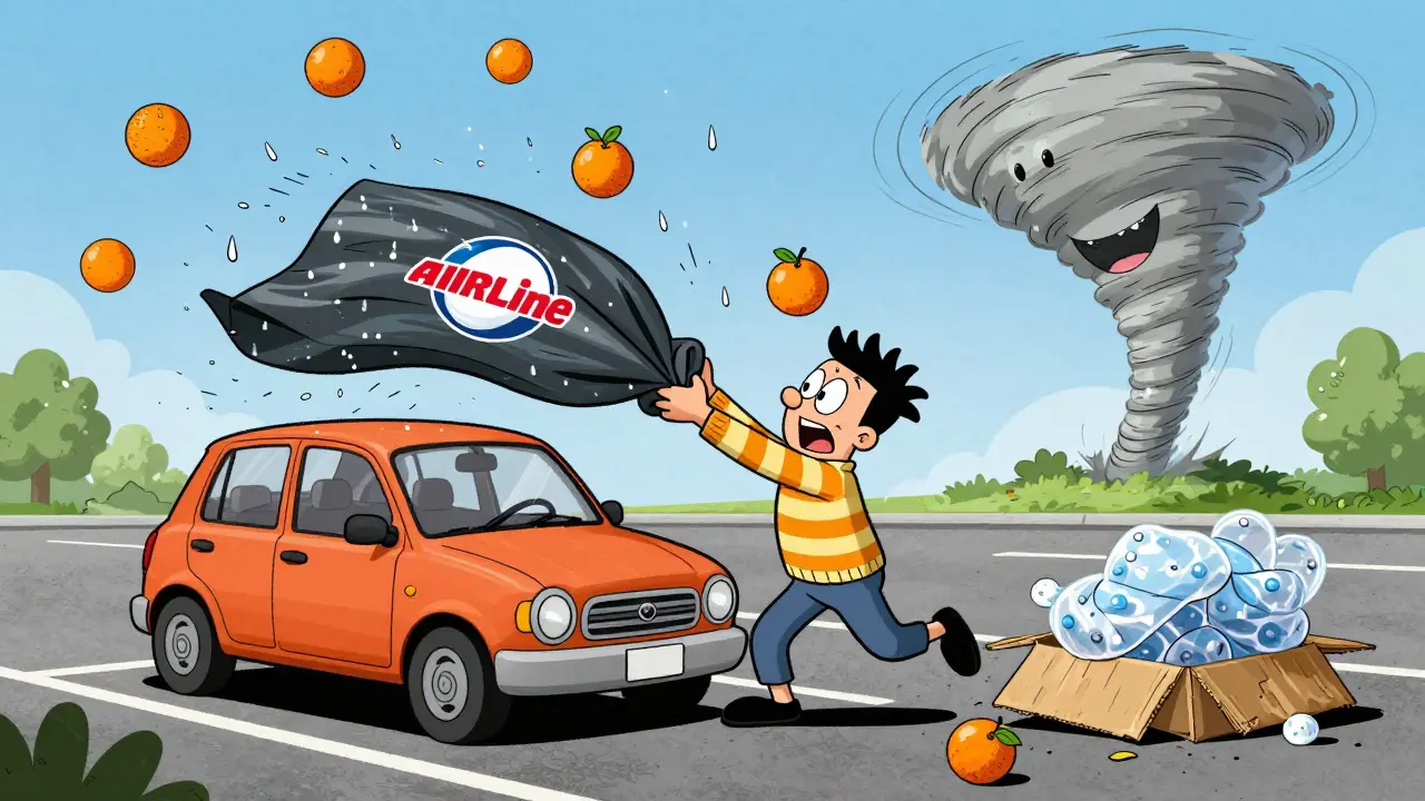 Владелец накрывает машину тентом, вокруг разлетаются одеяла и пленка