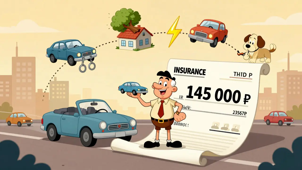 Владелец с чеком и полисом КАСКО, вокруг — иконки угона, града, дерева и собаки, разрушающих машину.