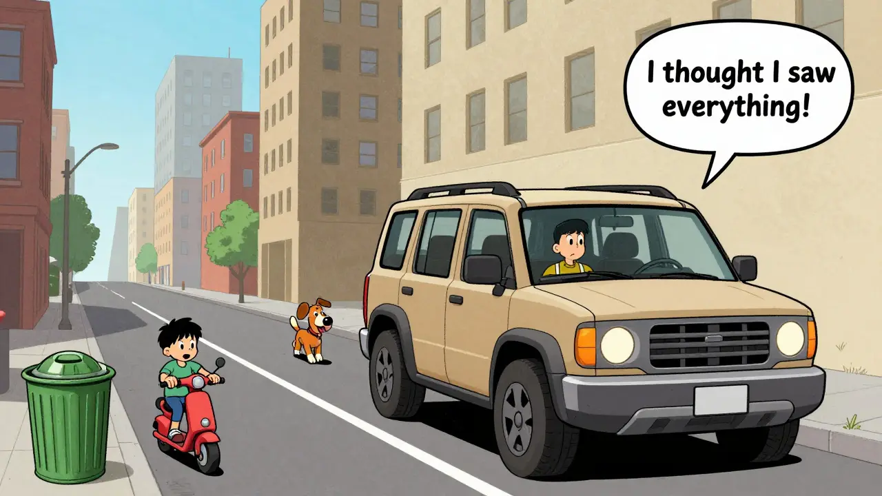 Внедорожник с огромной слепой зоной сзади, где скрыты ребенок и собака.