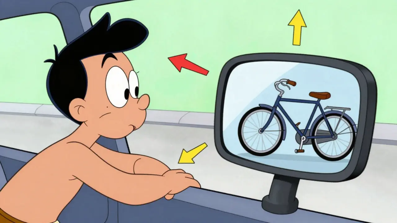 Водитель поворачивает голову и замечает велосипедиста, которого не было в зеркале.