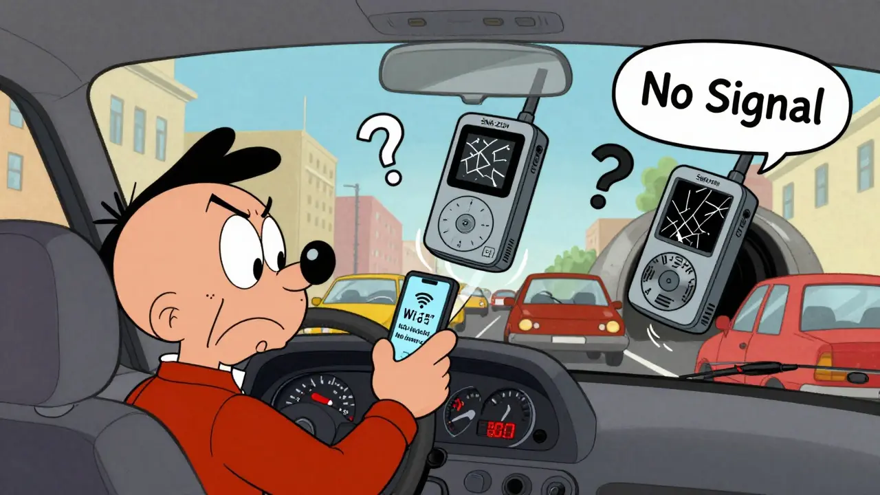 Водитель в пробке с тремя сломанными бюджетными регистраторами, один перегревается, другой не ловит GPS.