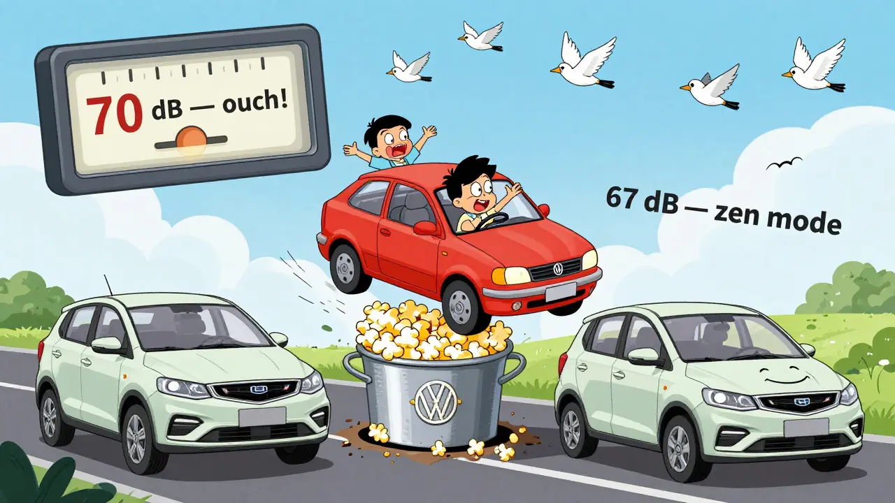 Вольксваген Поло с семьей, прыгающей как попкорн, рядом спокойно едет Геели Эмгранд 7.