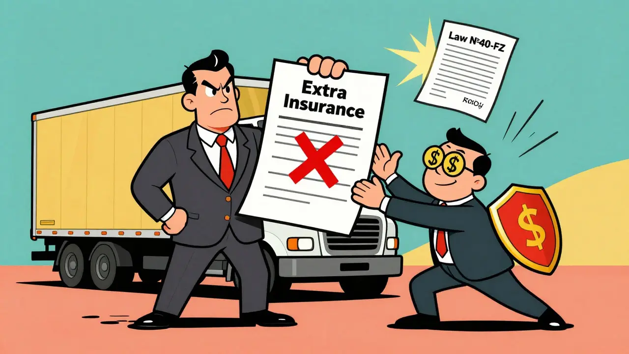 Бизнесмен и страховой агент спорят о страховке прицепа, юридический конфликт в мультяшном стиле.