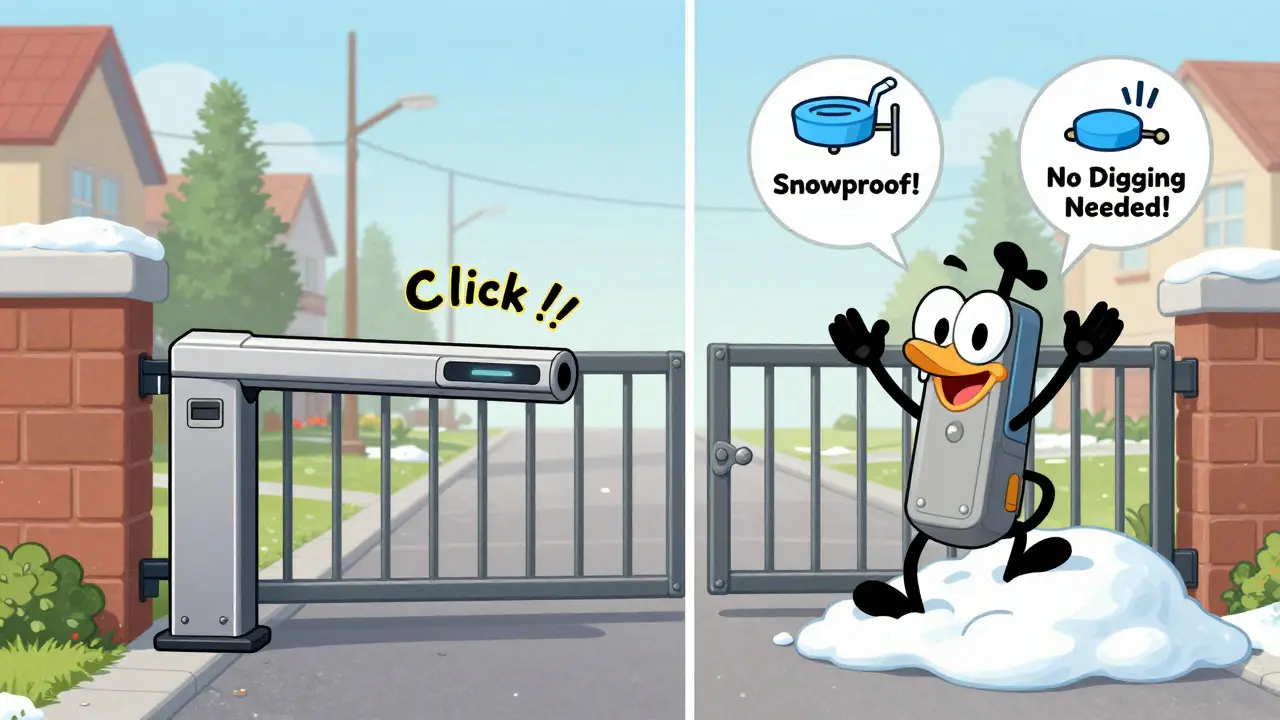 Два типа приводов для ворот: линейный и рычажный, в забавной мультяшной стилистике с снежными препятствиями.