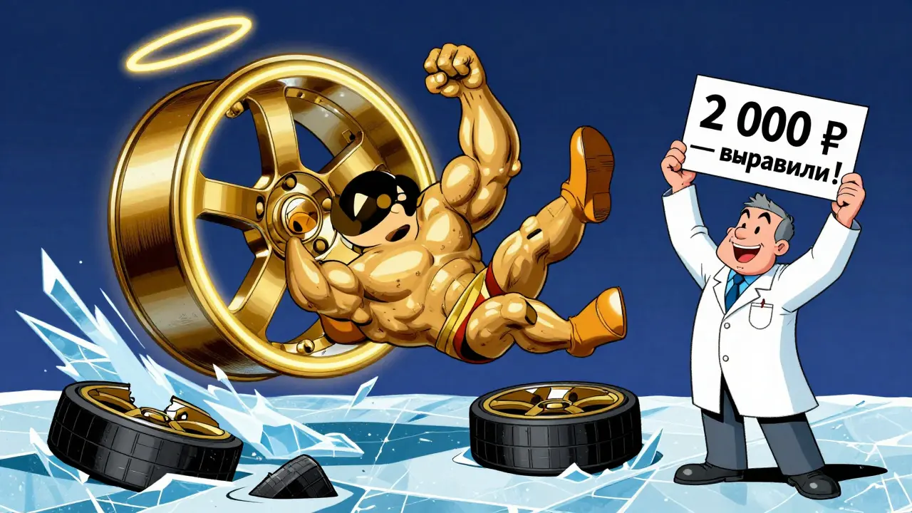 Кованый диск как супергерой приземляется на лёд без повреждений, рядом — сломанные диски.