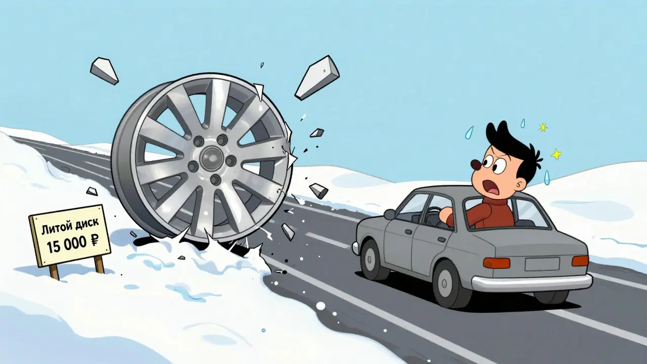 Литой диск разлетается на осколки после удара о бордюр, водитель в панике.