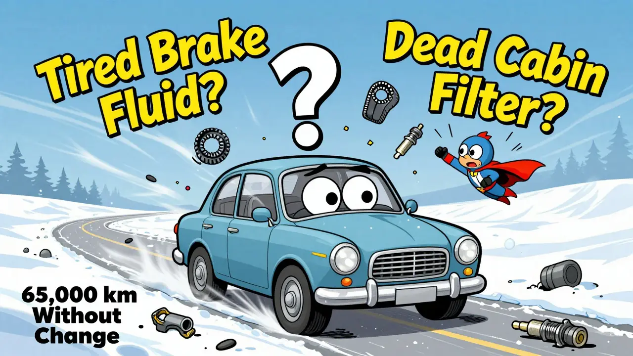 Машина с лицом едет по снегу, над ней — большие вопросительные знаки, а за ней летит супергерой-механик, разбрасывающий запчасти.