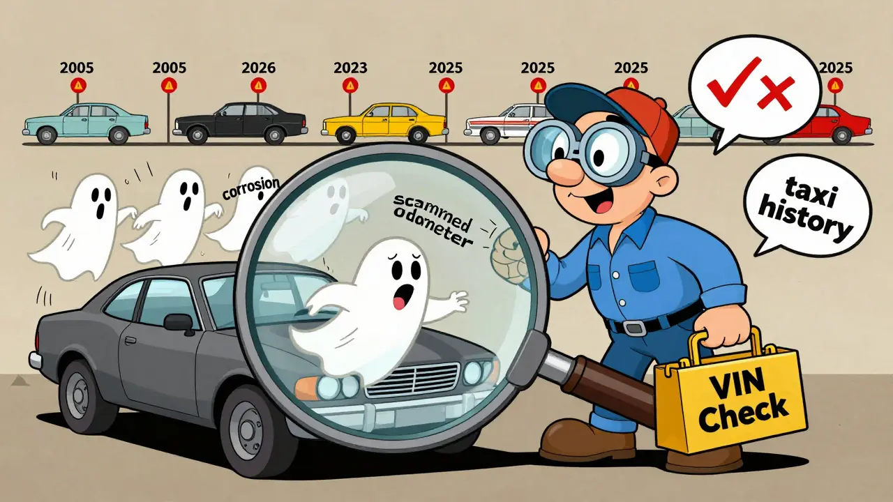 Механик с лупой показывает скрытые проблемы подержанного автомобиля.