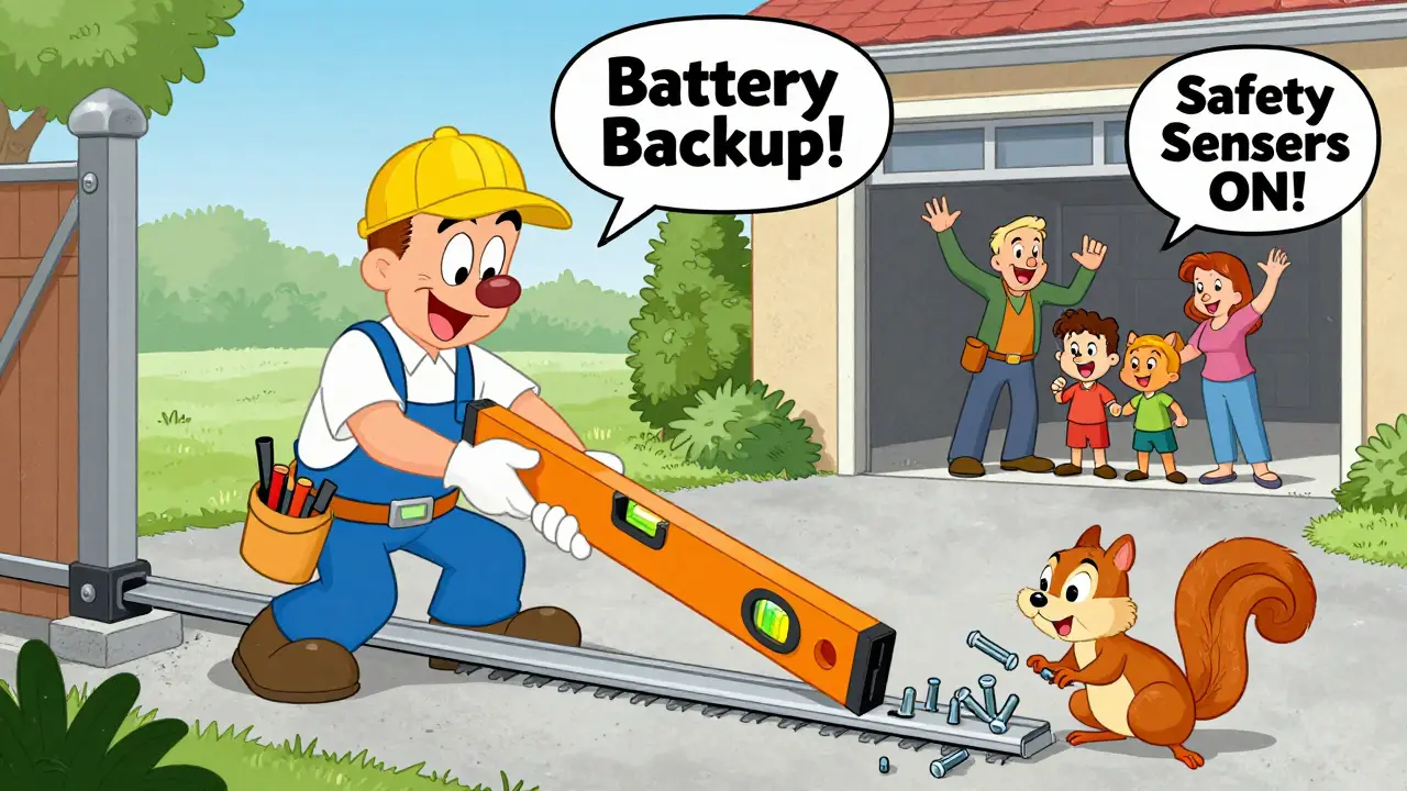 Монтажник выравнивает рельс для откатных ворот, белка крадет болты, в фоне поднимаются секционные ворота.