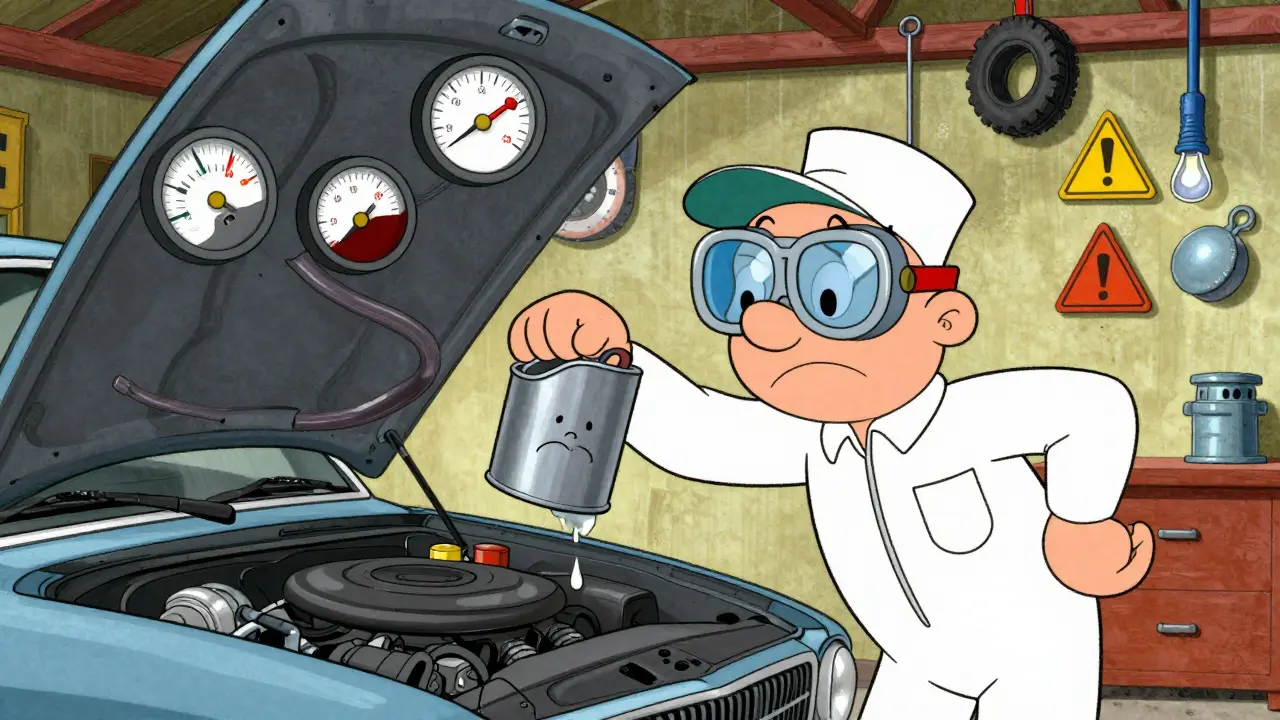 Мультяшный механик осматривает двигатель, из которого капает масло, вокруг — анимированные индикаторы неисправностей.