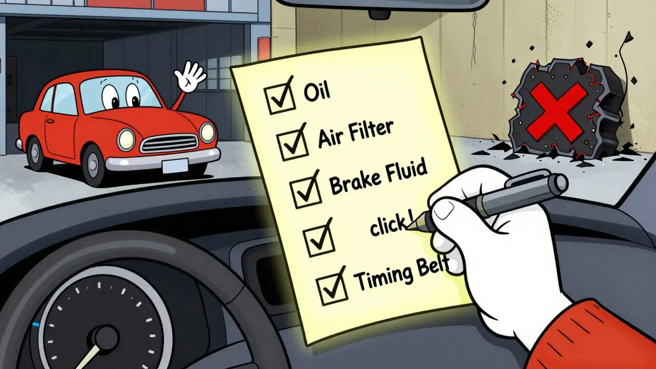 На приборной панели машины плавают ожившие элементы чек-листа, которые прыгают и отмечаются галочками, в углу — сломанный двигатель.