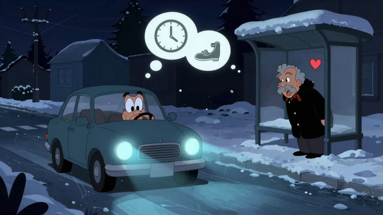 Ночью водитель тормозит перед пожилым пешеходом, появившимся из-за остановки в снежной темноте.