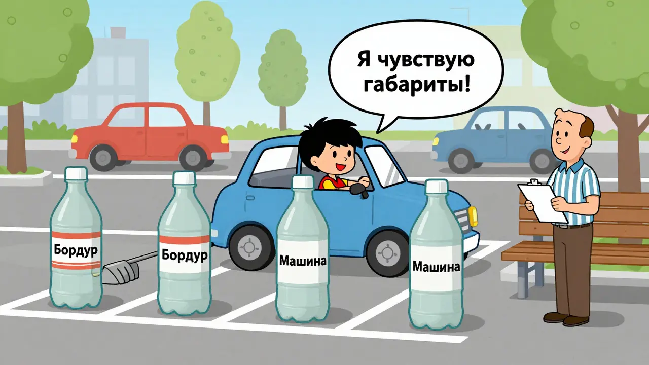 Новичок тренируется на пластиковых бутылках как на маркерах парковки в ярком мультяшном городе.