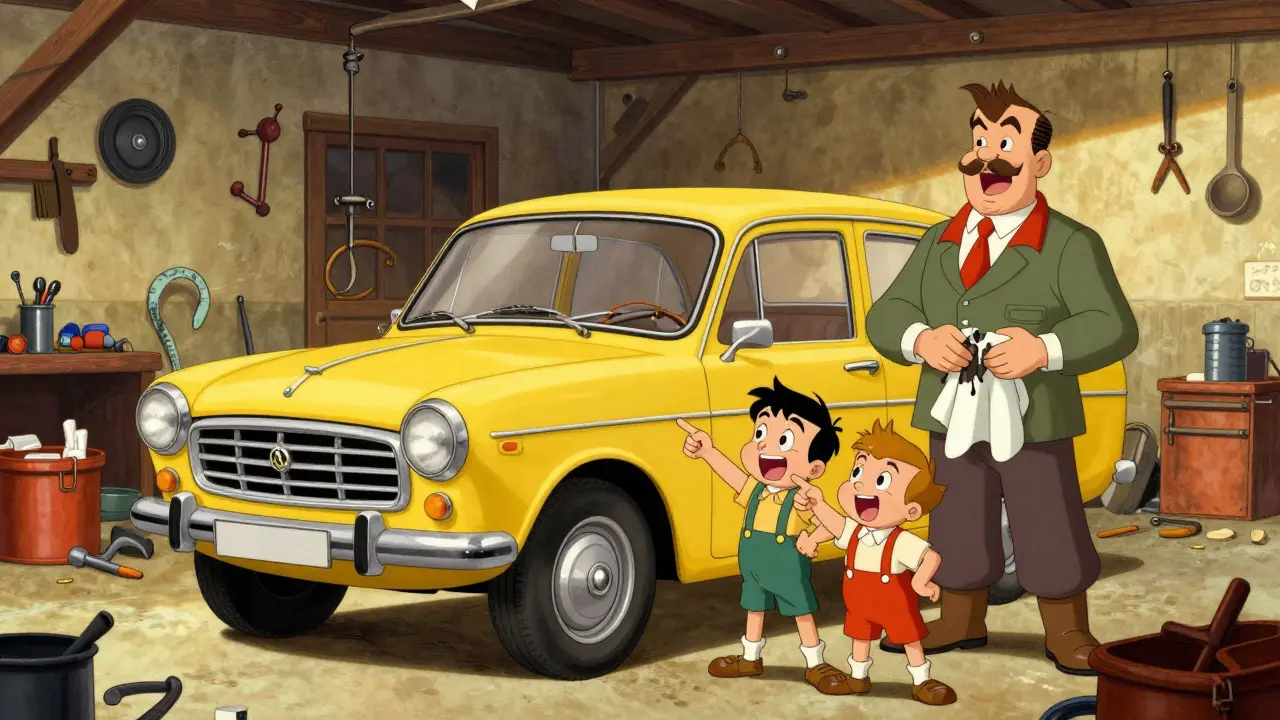 Семья радуется своему желтому Запорожцу-965 на фоне гаража с самодельными инструментами.