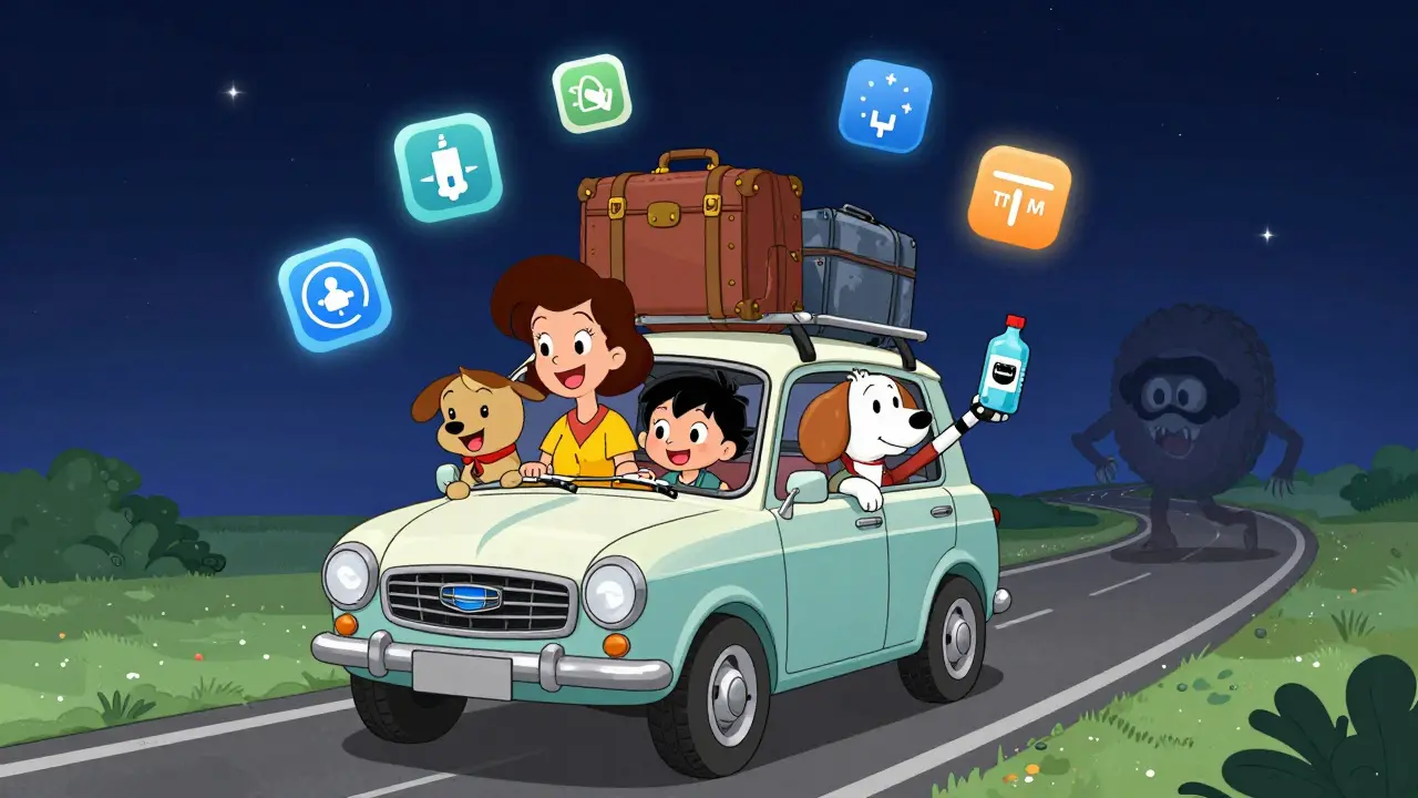 Семья в машине едет по ночному шоссе, над машиной — цифровые значки зарядки, карт и предупреждений, за ними исчезает монстр поломок.