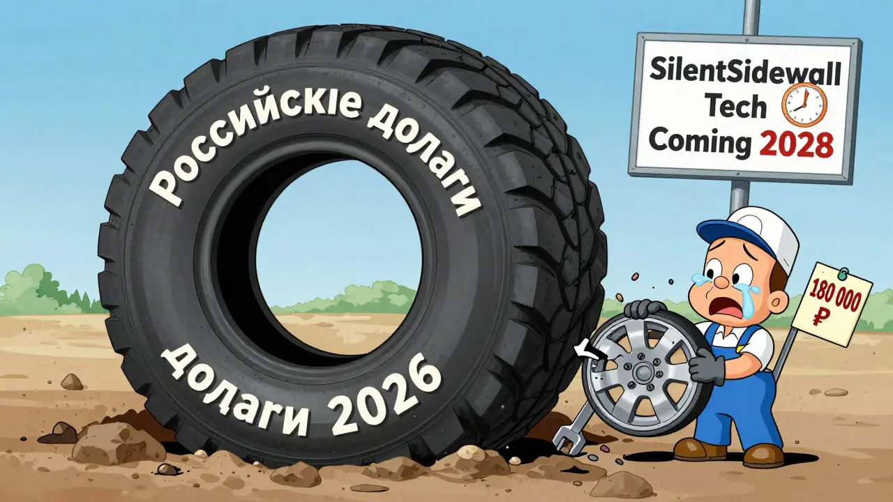 Шина с лицом раздавлена ямой, механик плачет над сломанным диском и ценником.