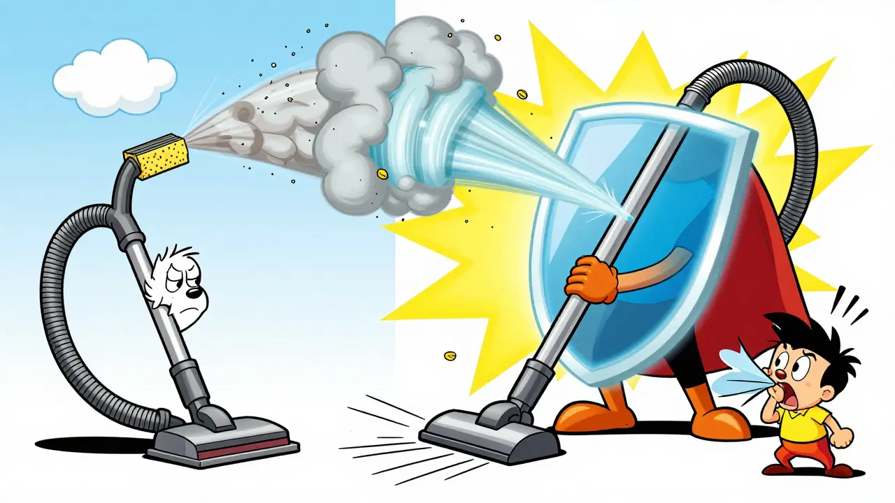 Слева — пыльный пылесос с губкой, справа — супергерой с HEPA-фильтром, засасывающий шерсть и пыльцу.
