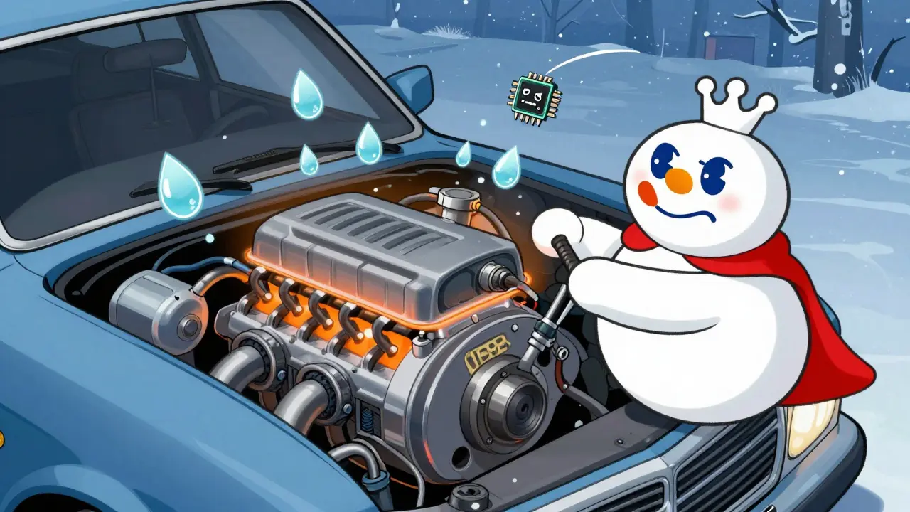 Современный двигатель с улыбающимися каплями масла, против старомодного снеговика, который хочет продлить прогрев.