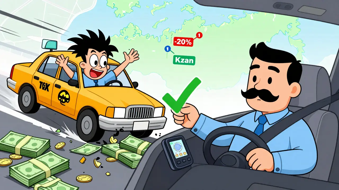 Сравнение рискованного и аккуратного таксиста с картой России и телематикой в мультяшном стиле.