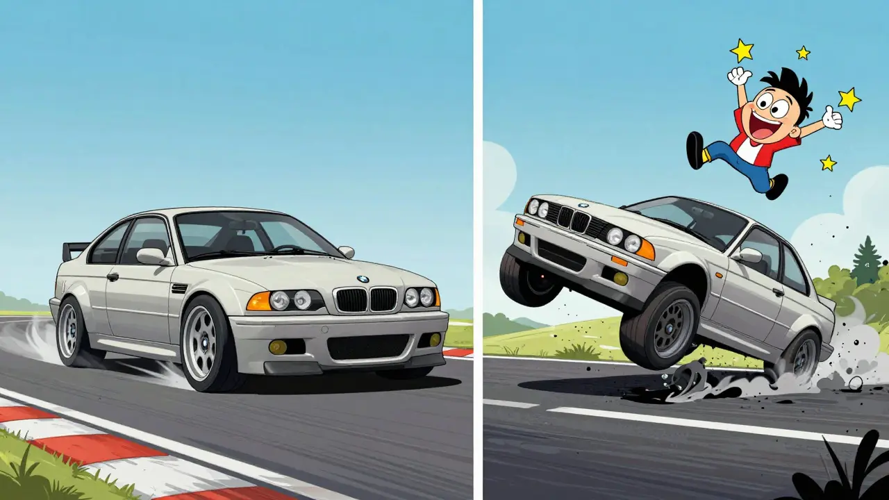 Сравнение: спортивная машина на трассе и на российской дороге с экстремальной реакцией подвески.