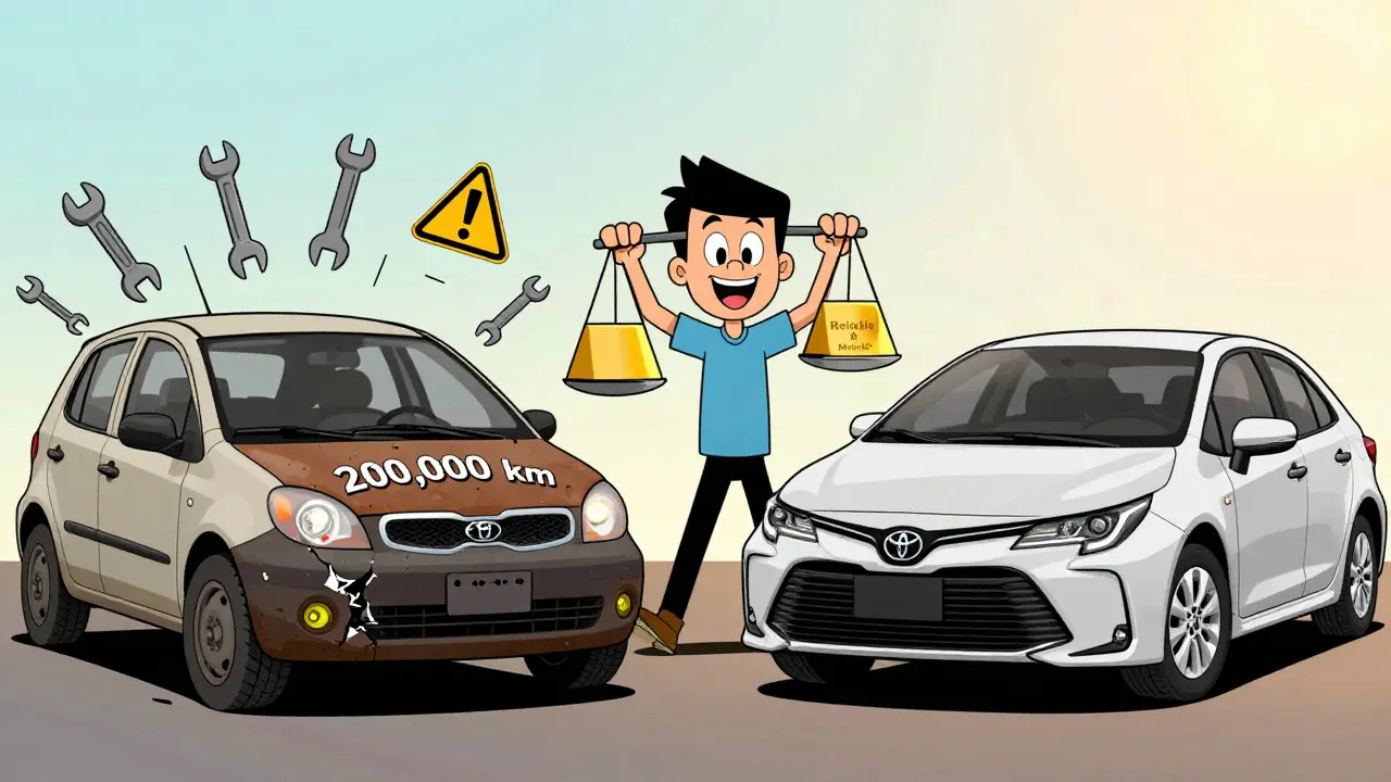 Сравнение старой Kia Rio и новой Toyota Corolla на фоне бюджетной шкалы.