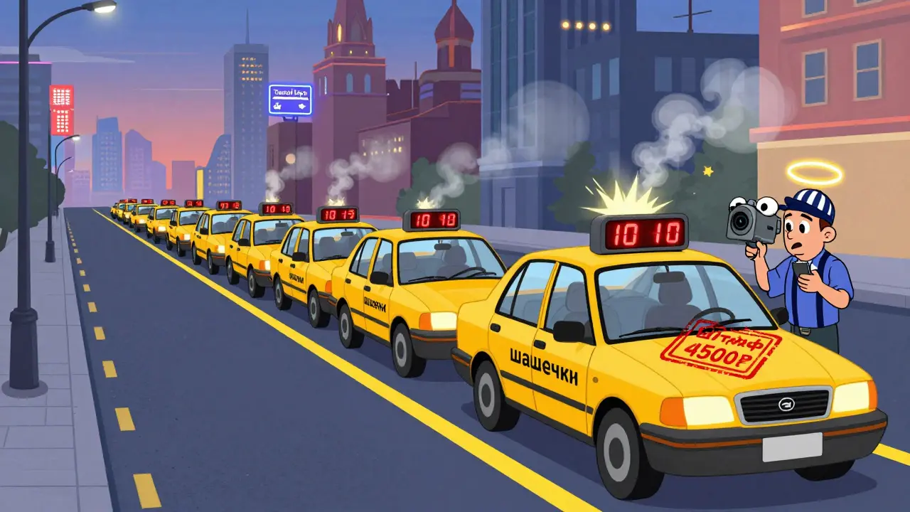Такси в выделенной зоне с таймером, который закончился — над машиной падает штраф.