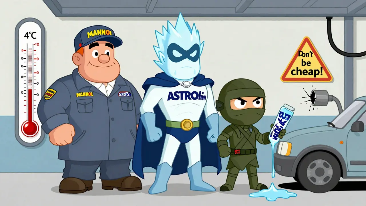 Три бренда антигеля в виде мультяшных персонажей на полке, один дешевый бренд тает в луже, термометр показывает -40°C.