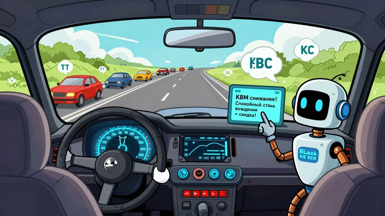 В машине с 'чёрным ящиком' робот показывает, как спокойное вождение снижает стоимость страховки.