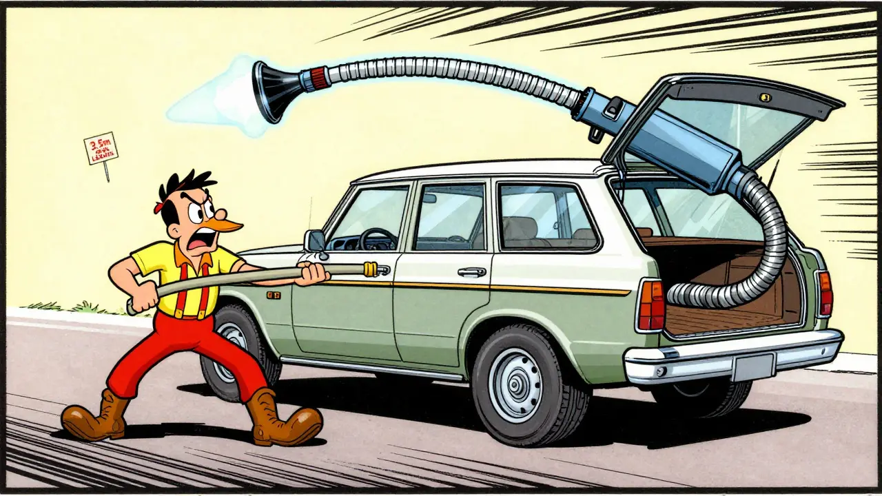 Владелец тянет короткий шланг, в то время как гибкий пылесос с длинным шлангом легко доезжает до багажника.