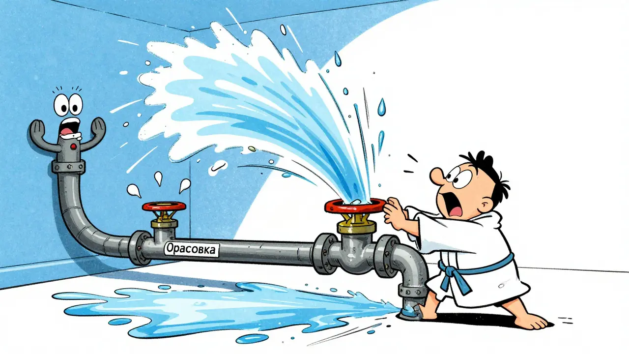 Вода хлещет из трубы, человек пытается закрыть кран в комичной ситуации.