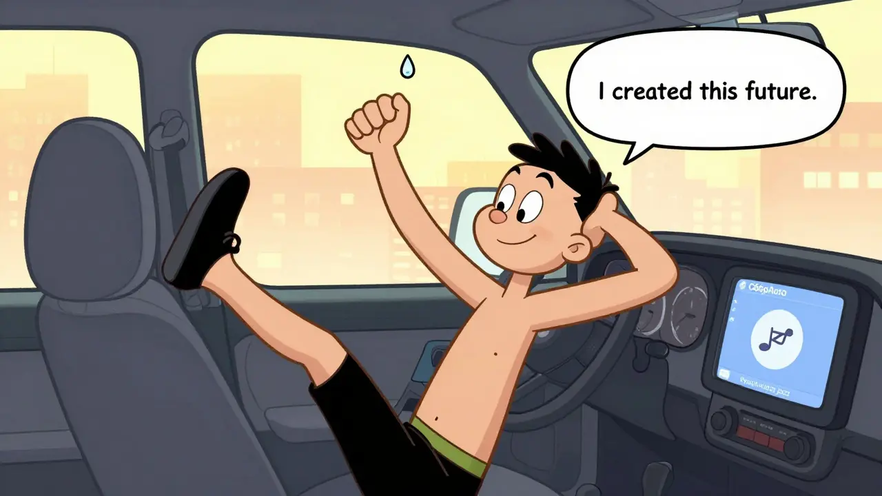 Водитель делает упражнения в машине, рядом вода и тихий свет, на экране — система, отслеживающая его дыхание.