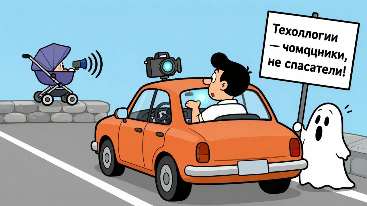 Водитель доверяет только экрану, не замечая детскую коляску и бордюр, в мультяшном стиле Ханна-Барбера.