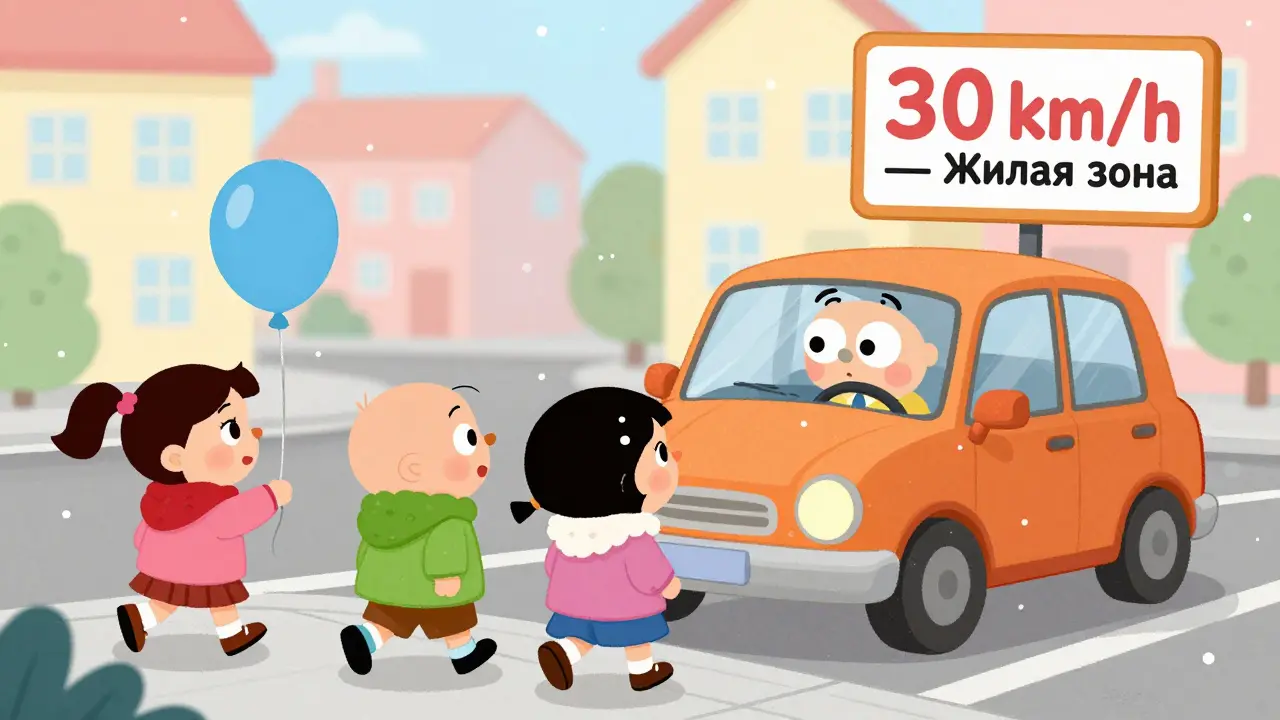 Водитель останавливается у школы, где дети в яркой одежде переходят тротуар под снегопадом.