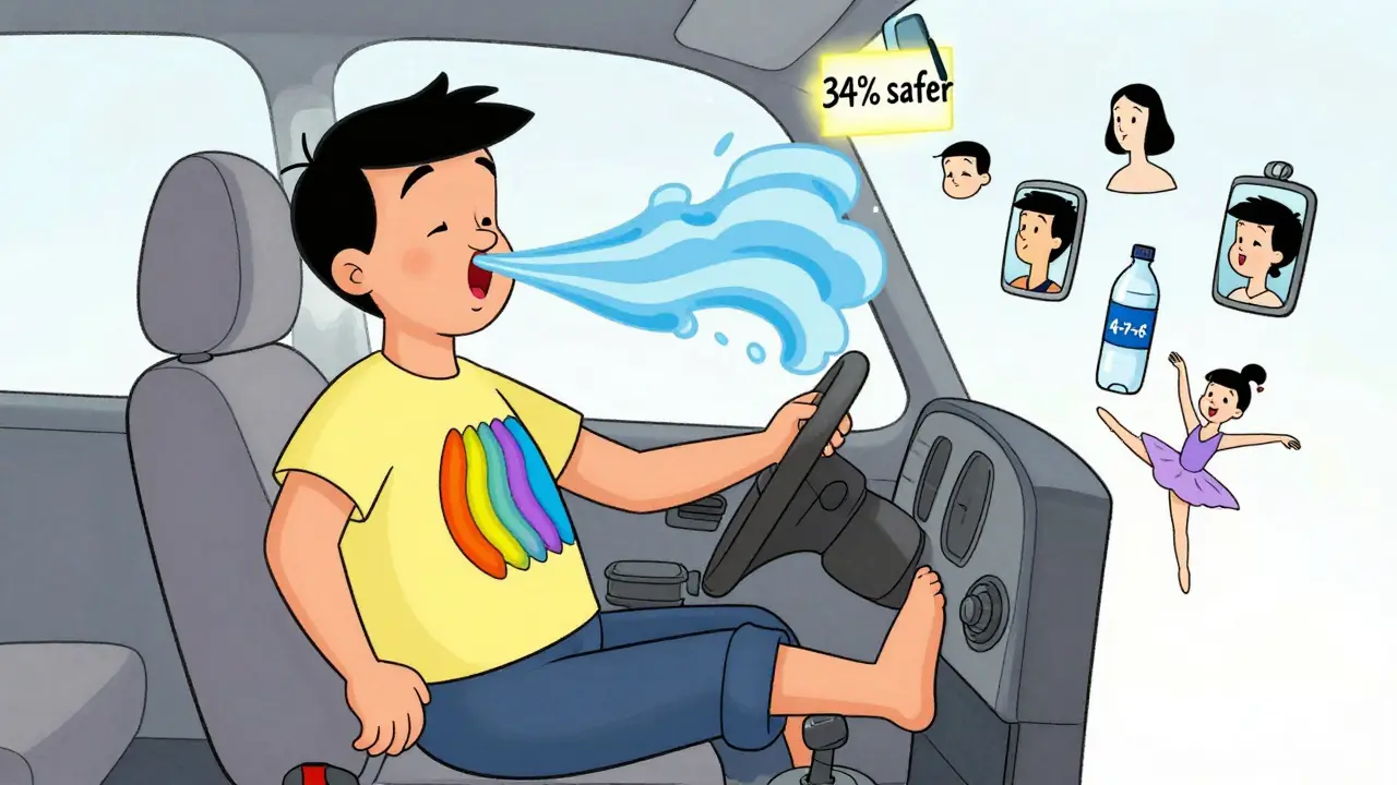 Водитель спокойно дышит, вокруг него плавают символы расслабления: зеркала, вода, лёгкое нажатие на педаль.