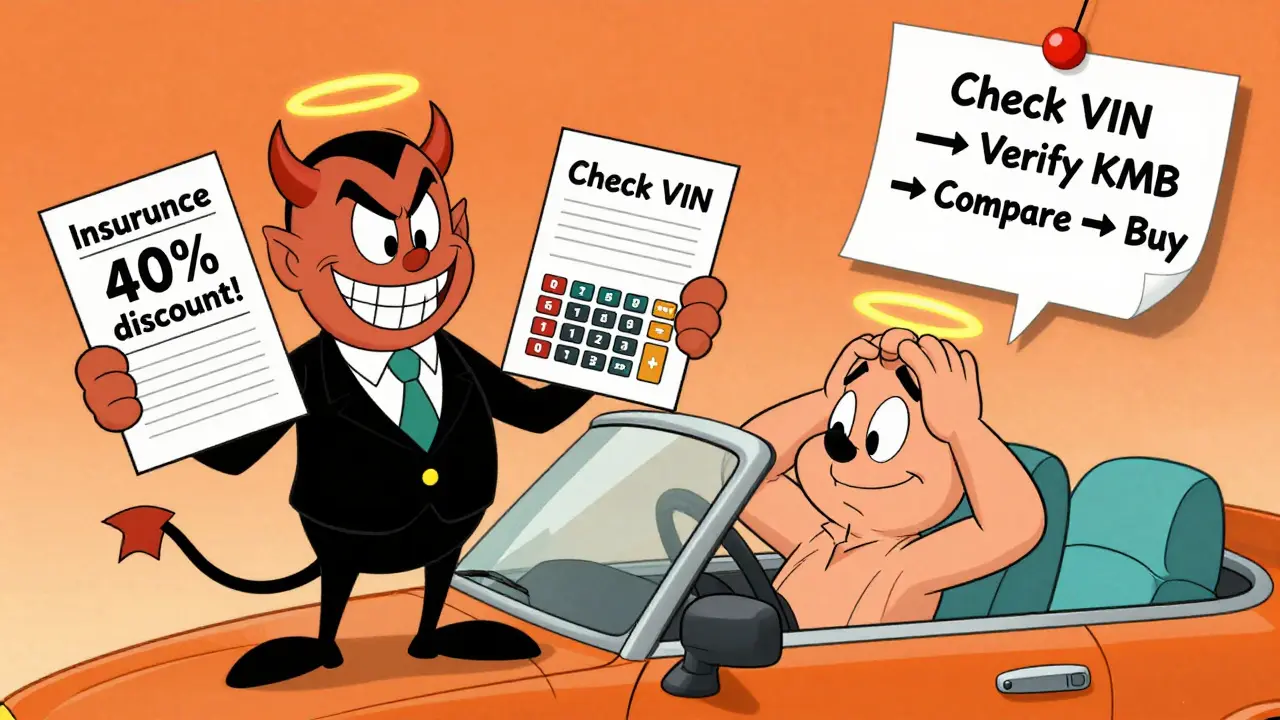 Водитель сравнивает два предложения ОСАГО: одно от мошенника, другое — от онлайн-калькулятора.