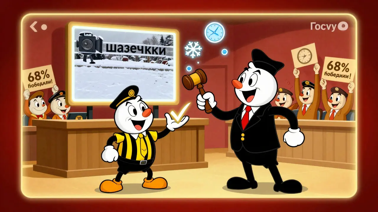 Водитель такси оспаривает штраф в цифровом суде, на экране — видимые шашечки под снегом.