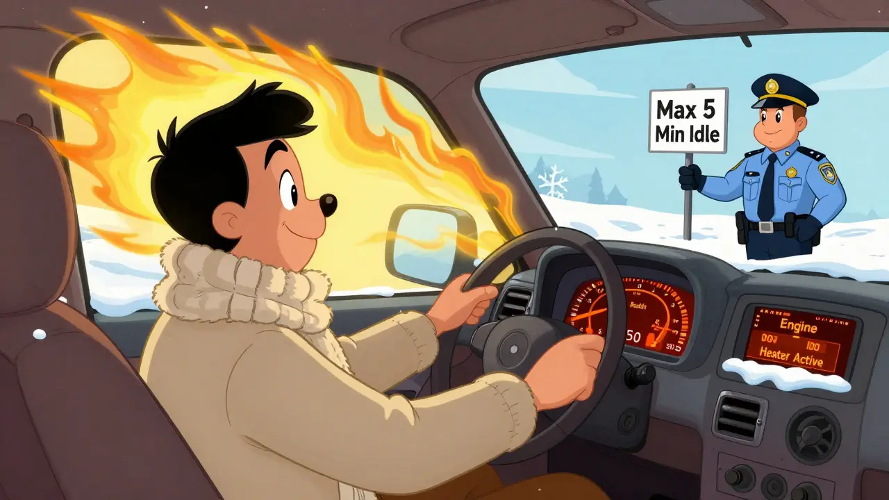 Водитель в теплом салоне, дашборд показывает готовность, полицейский с табличкой о лимите прогрева.