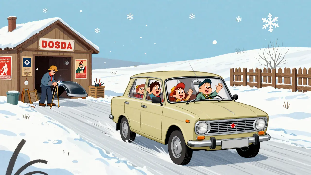Жигули с семьей едут по снегу, а мужчина чинит машину в гараже на даче.
