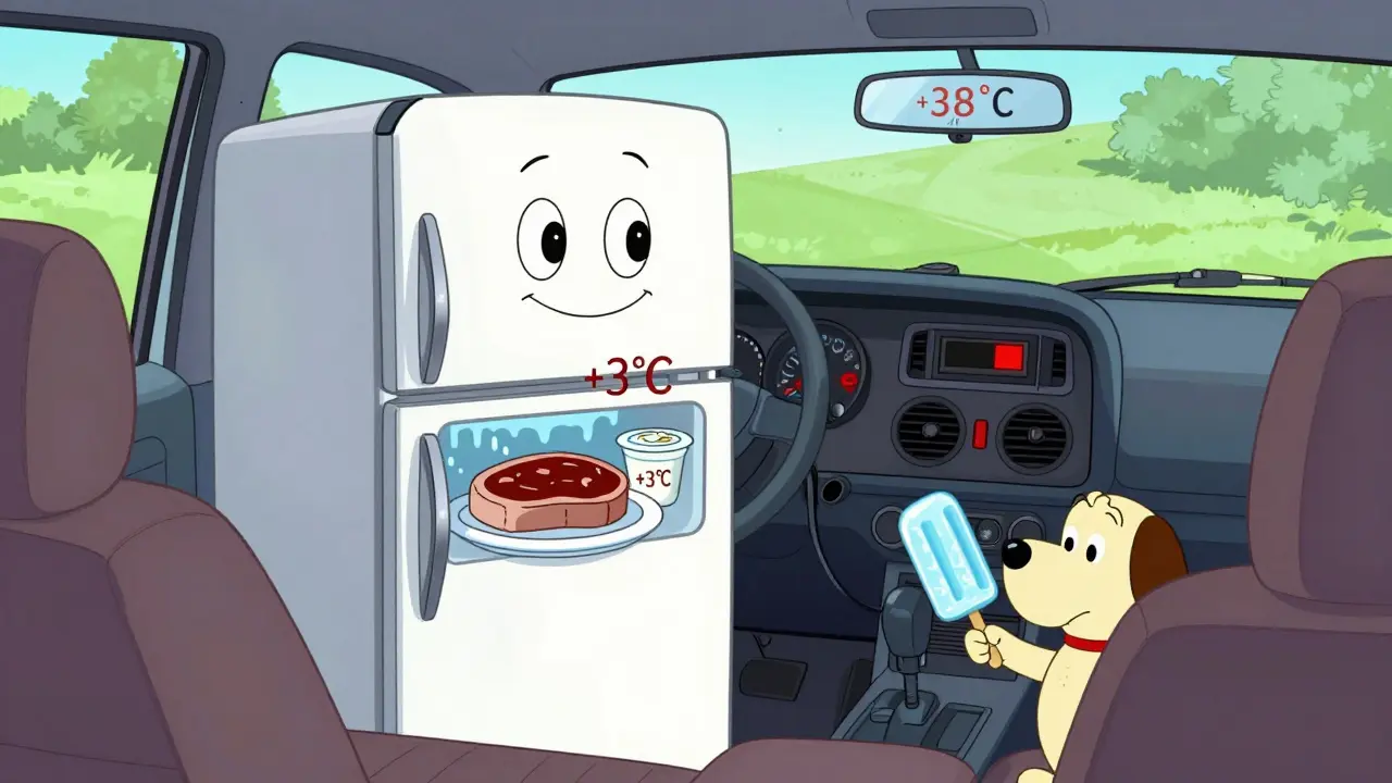 Автохолодильник с улыбающимся лицом охлаждает мясо и йогурт в машине под палящим солнцем.