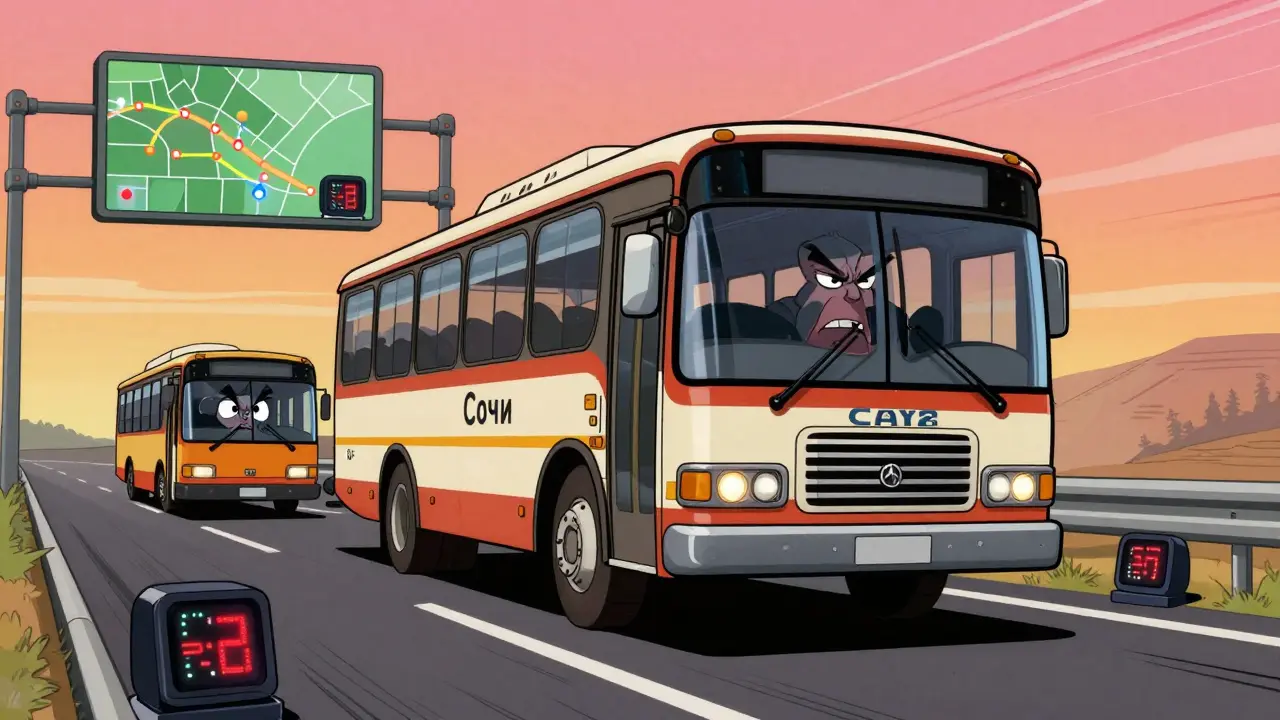 Большой автобус LiAZ-5292 с цифровым тахографом едет по шоссе, а маленький автобус позади отстаёт.